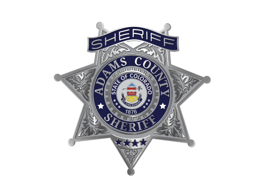 Adams County Sheriff badge featuring the State of Colorado seal and "1876" text